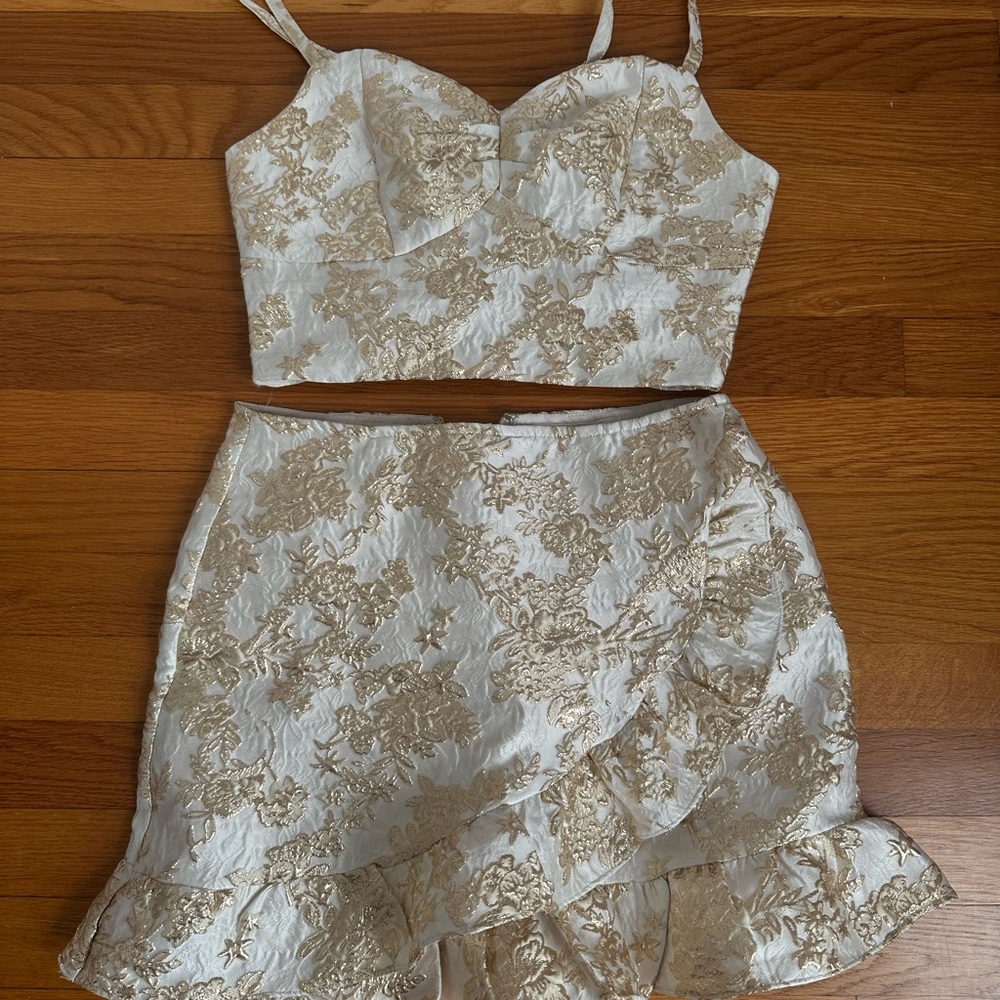 Lulu's Gold and Cream Floral Pencil Skirt Set